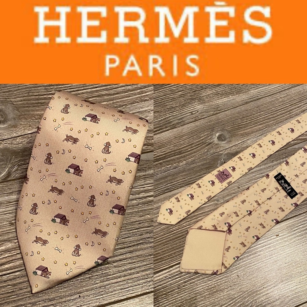 Hermes mens design silk slim tie Dog Doghouse Bone pattern